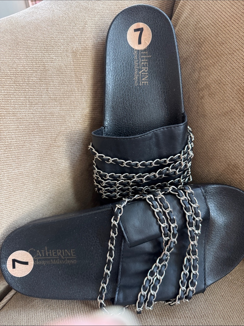Catherine Malandrino Black Slide Sandals with Silver Chain Detail